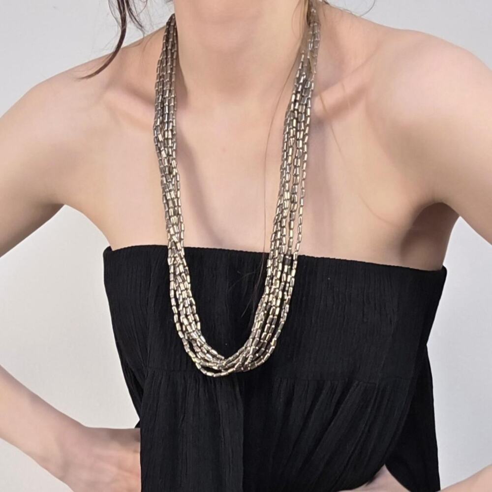 Vintage Silver Tone Multi Strand Bead Necklace 90s Minimalist Statement Jewelry